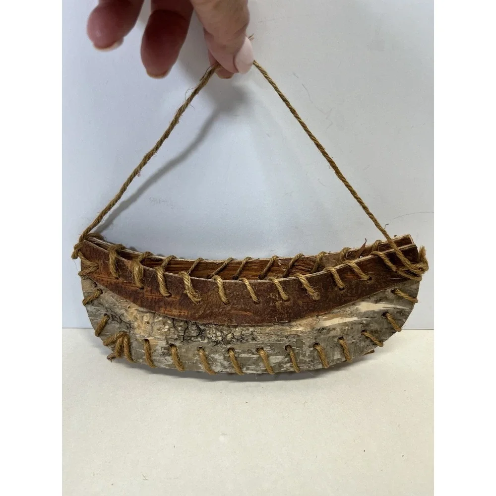 Vintage Rustic Toy Birch Bark Canoe 8" Long Hand Made - Picture 3 of 11